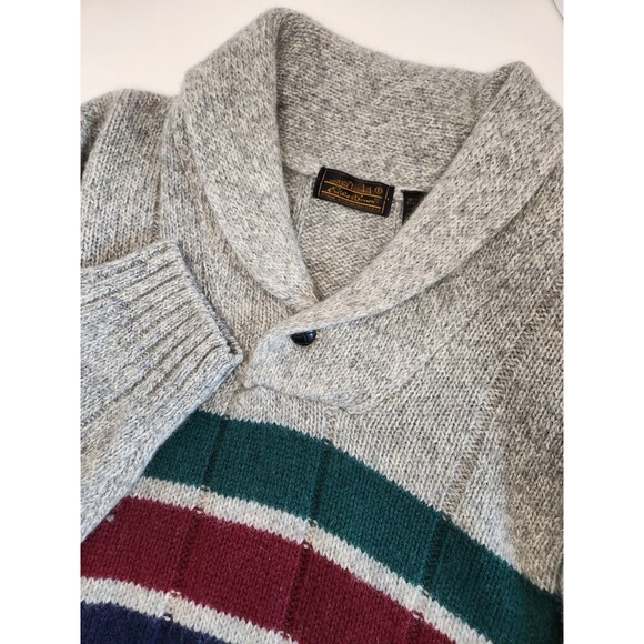 Vintage Eddie Bauer Sweater Men's L Gray Striped Wool Blend Shawl Collar 90's - Picture 1 of 7